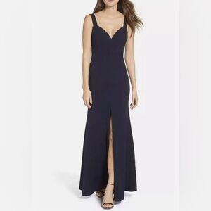 NWT Vera Wang Sweetheart Neckline V-Neck Slit Gown Dress Navy Blue